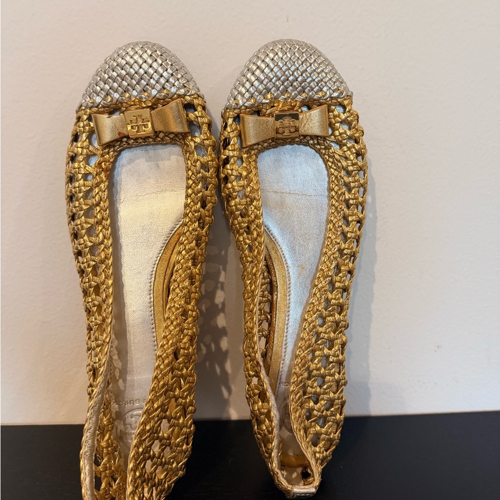 Tory Burch Gold and Silver Woven Flats